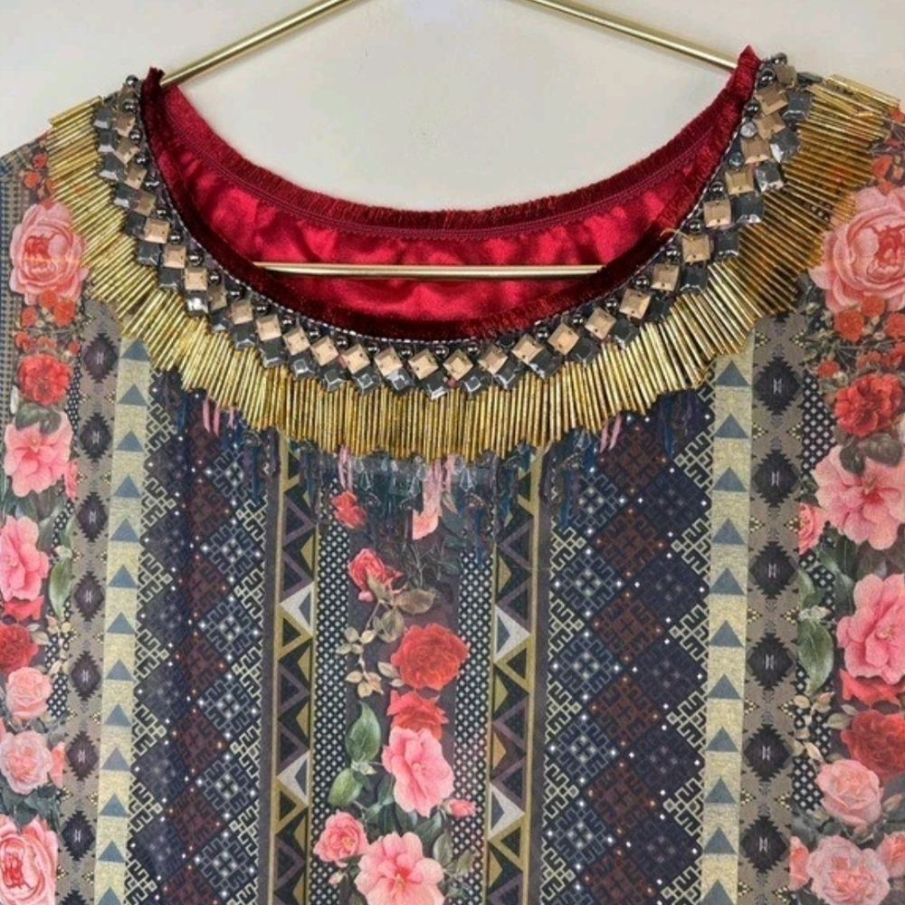 Anthropologie Burgundy Floral Mixed-Print Short-Sleeve Blouse - Picture 5 of 7